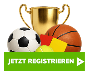 Goldener Pokal mit Fussball Basketball und Tennisball neben Registrieren Button